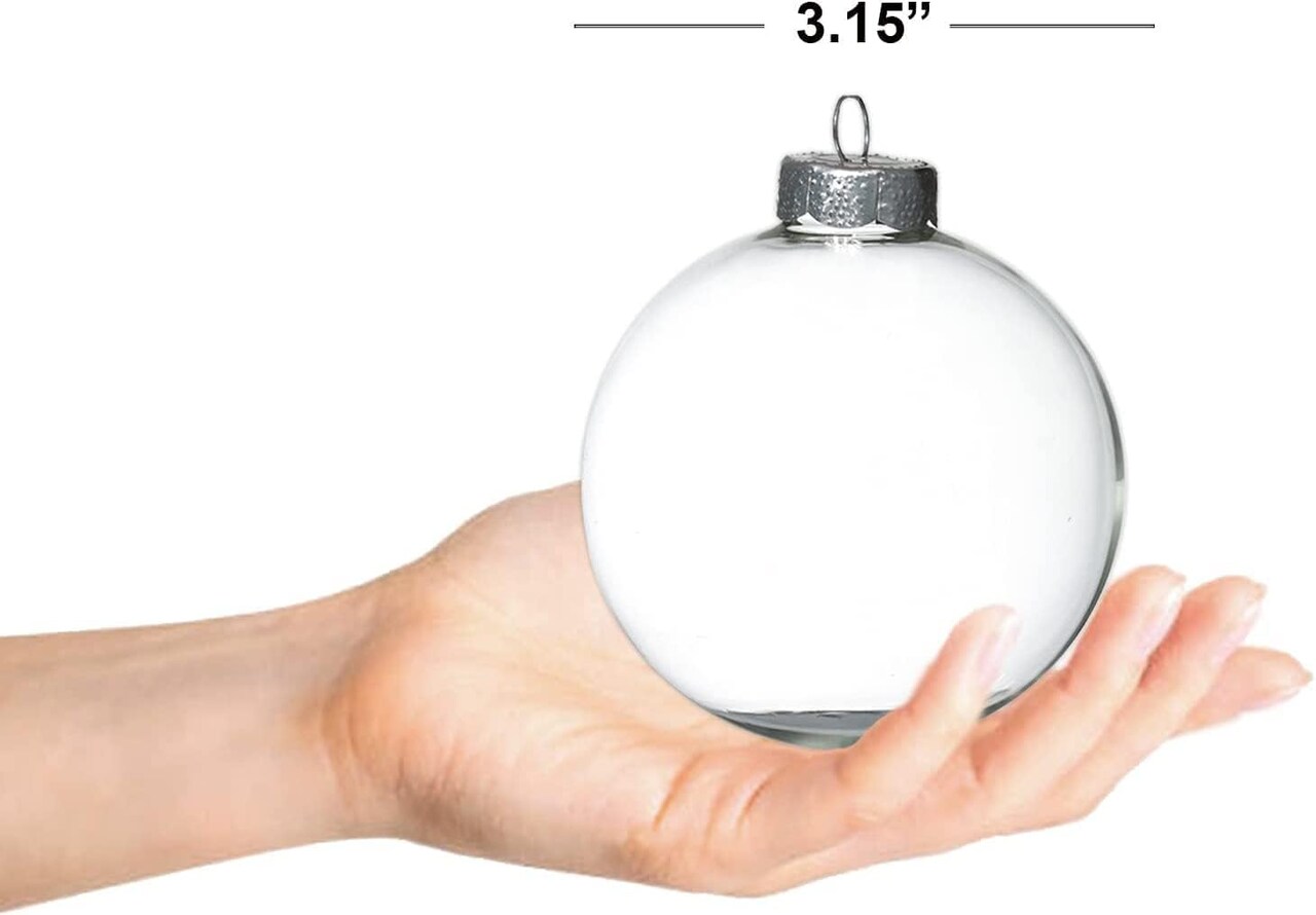 4E's Novelty Clear Plastic Ball Ornaments for Crafts Fillable 12 Pack – 80mm Transparent Shatterproof Christmas Ornaments with Silver Caps & Ribbon, DIY Paintable & Fillable Christmas Craft Balls
